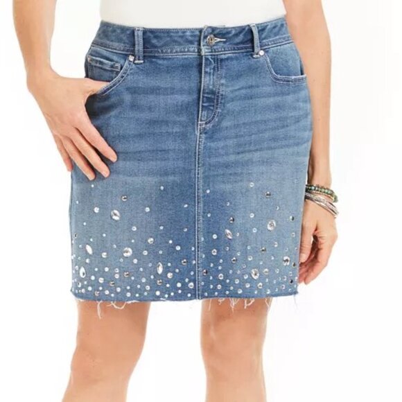 INC Curvy-Fit Rhinestone-Embellished Denim Skirt - Picture 1 of 12